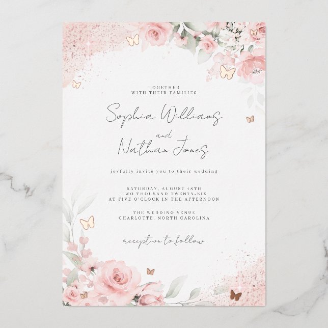 Pink Blush Rose Butterfly Wedding Folieneinladung (Vorderseite)