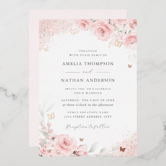 Pink Blush Rose Gold Butterfly Wedding   Folieneinladung (Vorderseite/Rückseite)