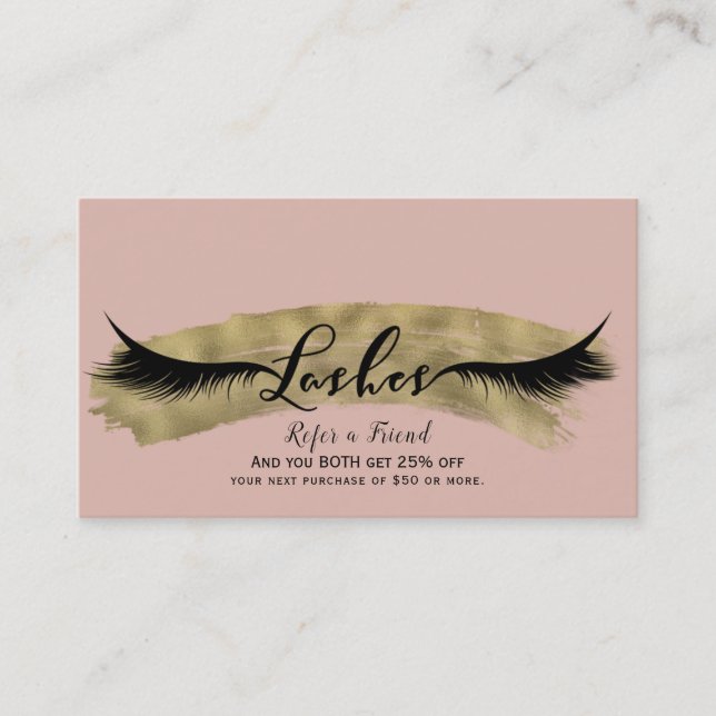 Pink Blush & Shiny Gold Eyelashes Empfehlungskarte (Vorderseite)