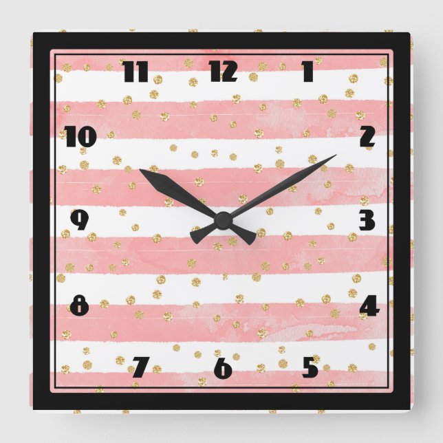 Pink Blush Stripes with Faux Gold Confetti Quadratische Wanduhr (Vorderseite)