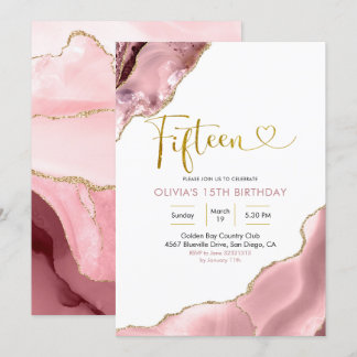 Pink Blush und Gold Agate Fünfzehn Geburtstag Einladung