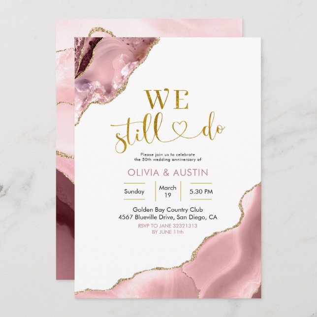 Pink Blush und Gold Agate Hochzeitstag Einladung (Vorne/Hinten)