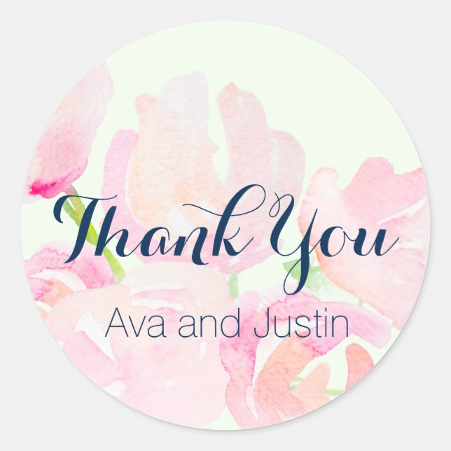 Pink Blush Wasserfarbe Blüten Danke Siegel Runder Aufkleber (Vorderseite)