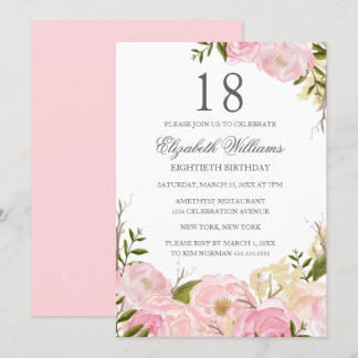 Pink Blush Wasserfarbe Floral 18. Geburtstag Einla Einladung