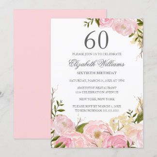 Pink Blush Wasserfarbe Floral 60. Geburtstag Einla Einladung