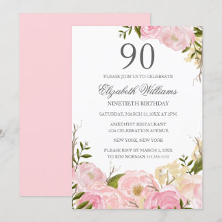 Pink Blush Wasserfarbe Floral 90. Geburtstag Einla Einladung