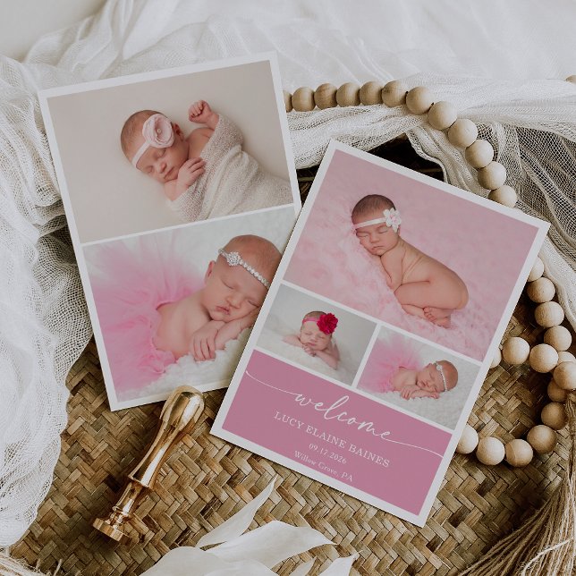Pink Blush Welcome Baby Photo Announcement Card Einladung (Von Creator hochgeladen)