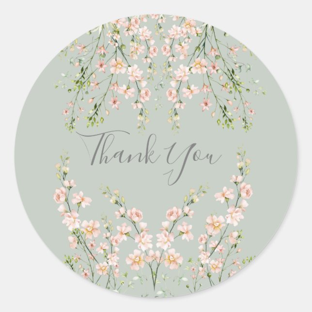 Pink Blush Wildblumen Grün Danke Runder Aufkleber (Vorderseite)