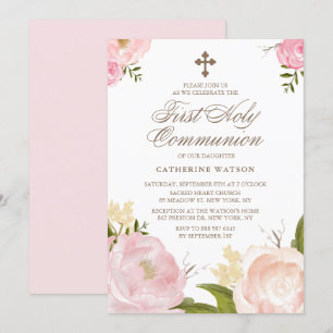 Pink-Blütenkuchen Erste Heilige Kommune Einladung