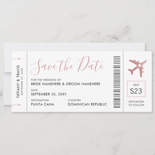 Pink Boarding Pass Plane Ticket Save the Date Ankündigung (Vorderseite)