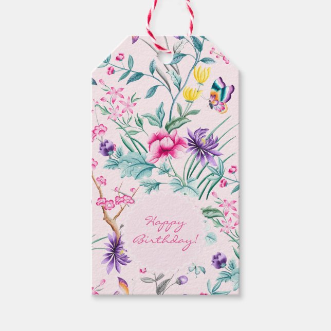 Pink Bohemisch Chic Floral & Butterflies Gift Tags Geschenkanhänger (Vorderseite)