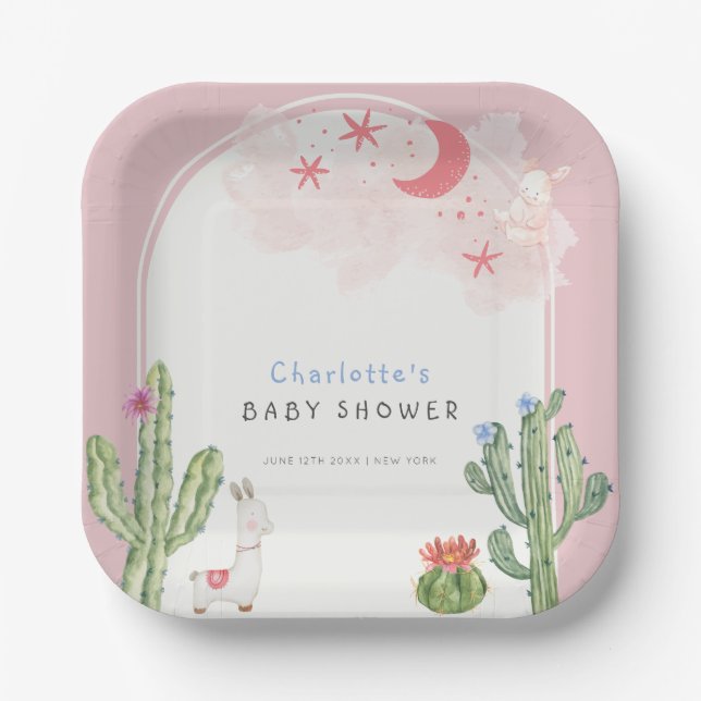 Pink Boho Arch Cactus Toys Girl Babydusche Pappteller (Vorderseite)