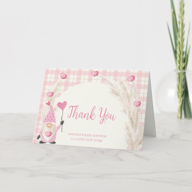 Pink Boho Arch Gingham Sweetheart Babydusche Dankeskarte (Vorderseite)