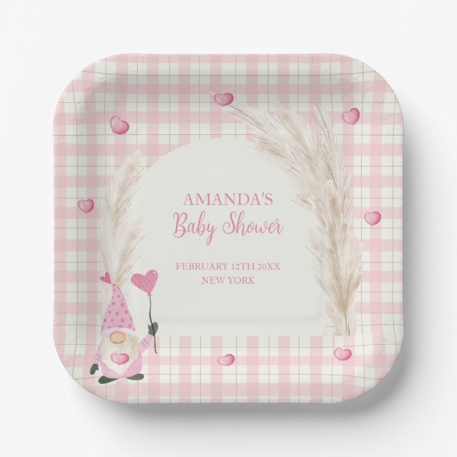 Pink Boho Arch Gingham Sweetheart Babydusche Pappteller (Vorderseite)