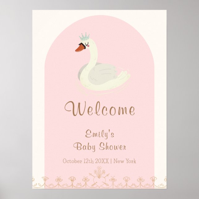Pink Boho Arch Princess Swan Baby Dusche Empfang Poster (Vorne)