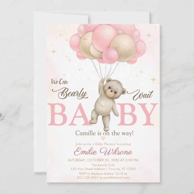 Pink Boho Bear Baby Dusche Einladung (Vorderseite)