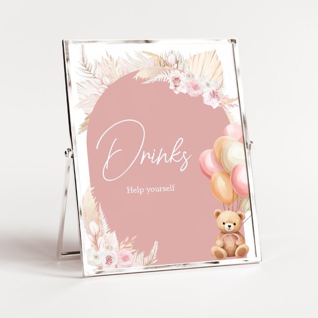 Pink Boho Bear Balloon Baby Shower Drinks Poster (We Can Bearly Wait Baby Shower Drinks Sign)