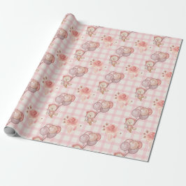Pink Boho Bear Balloons Gingham Floral Geschenkpapier