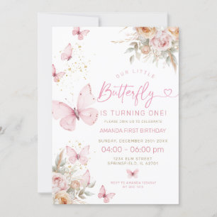Pink Boho Blume und Schmetterlinge Geburtstag Einladung
