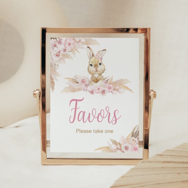Pink Boho Bunny Baby Duwer Favoriten Poster (Pampas Grass Girl Bunny Baby Shower Favors Sign)
