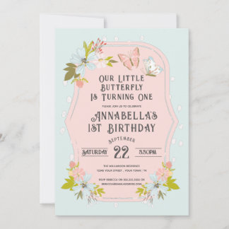 Pink Boho Butterfly 1. Geburtstag Party Einladung