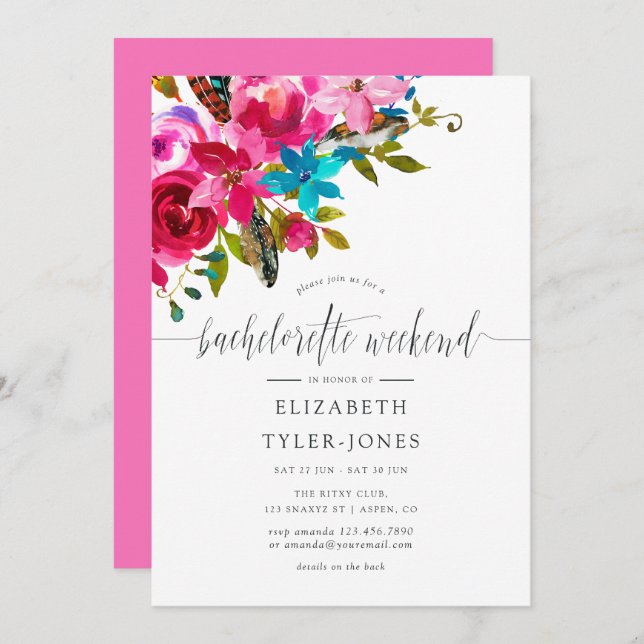 Pink Boho Chic Floral Bachelorette Wochenende Agen Einladung (Vorne/Hinten)