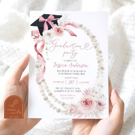 Pink Boho Coquette Bow Pearl Graduation Party Einladung