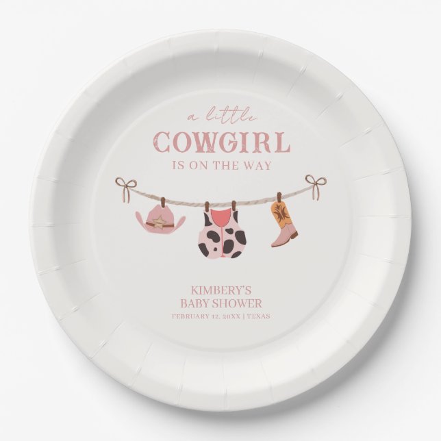 Pink Boho Cowgirl Clothesline Cowhide Babydusche Pappteller (Vorderseite)