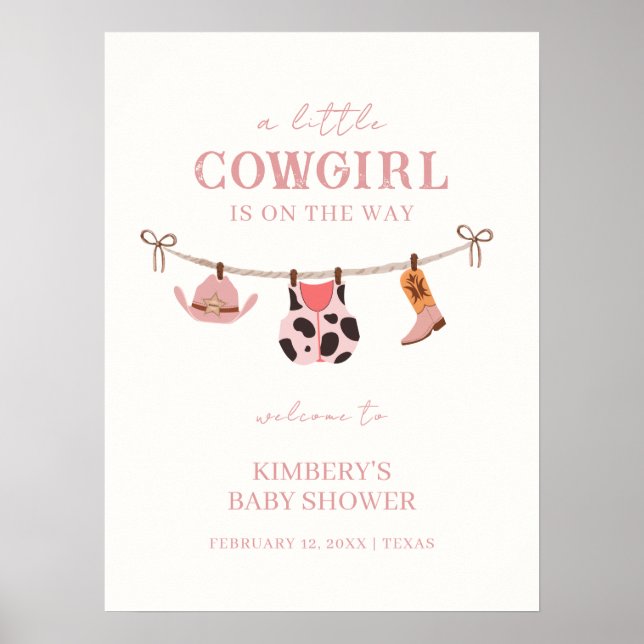 Pink Boho Cowgirl Wäscheleine Babydusche Begrüßung Poster (Vorne)