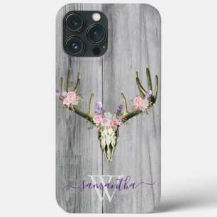 Pink Boho Deer Skull Floral Monogram Chic Case Mat