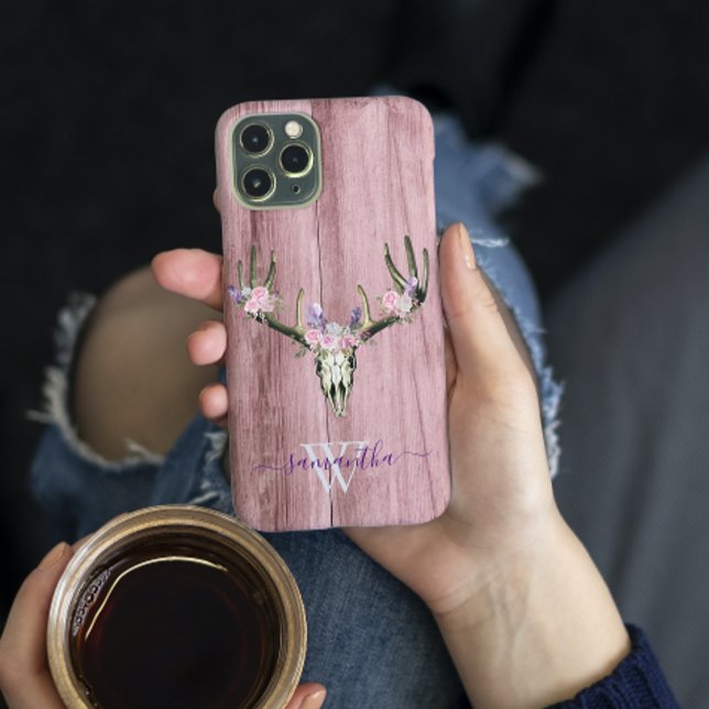 Pink Boho Deer Skull Floral Monogram Chic Case-Mate iPhone Hülle (Von Creator hochgeladen)
