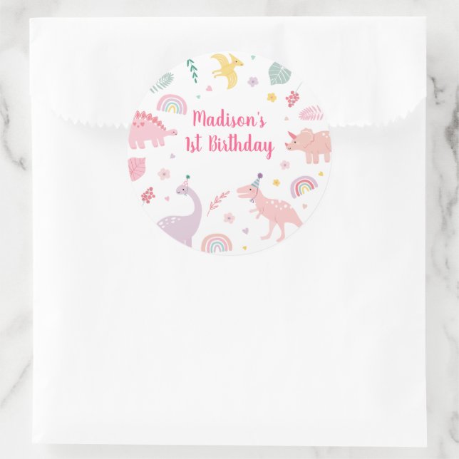 Pink Boho Dinosaur Geburtstag Runder Aufkleber (Tasche)
