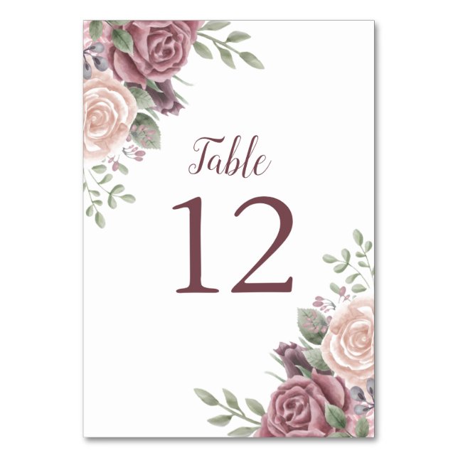 Pink Boho Dusty Rose Aquarell Blumentisch Nummerns Tischnummer (Vorderseite)