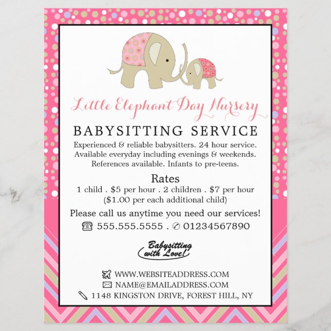 Pink Boho Elephant, Babysitter, Tagesbetreuung, Ki Flyer (Vorne)