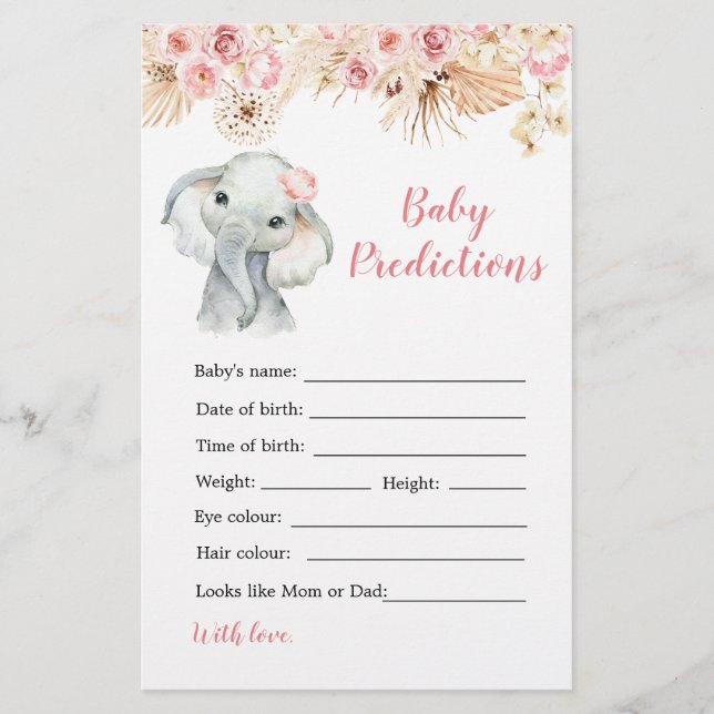Pink Boho Elephant Girl Baby Prediction Game (Vorderseite)