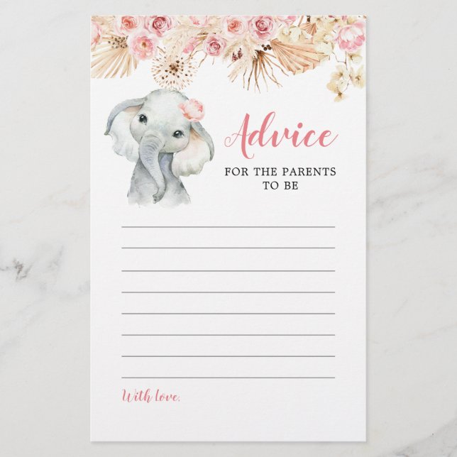 Pink Boho Elephant Girl Baby Showcard (Vorderseite)