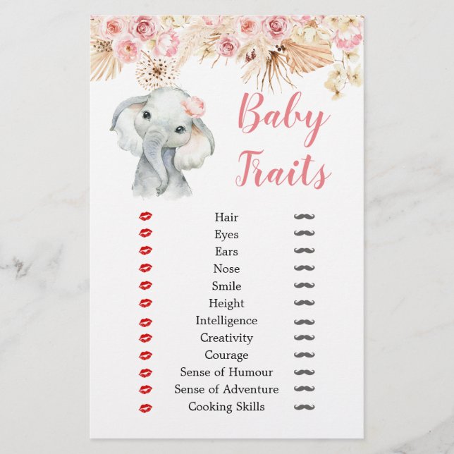 Pink Boho Elephant Girl Baby Shower Baby Tracks (Vorderseite)