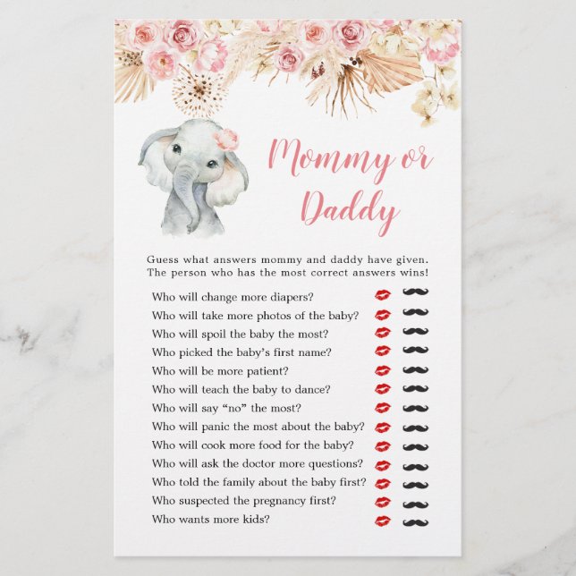 Pink Boho Elephant Girl Baby Shower Mommy oder Dad (Vorderseite)