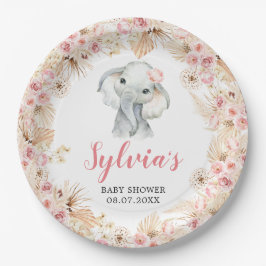 Pink Boho Elephant Girl Baby Shower Paper Plate Pappteller