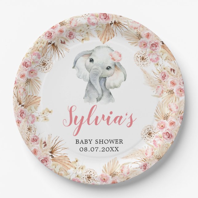 Pink Boho Elephant Girl Baby Shower Paper Plate Pappteller (Vorderseite)