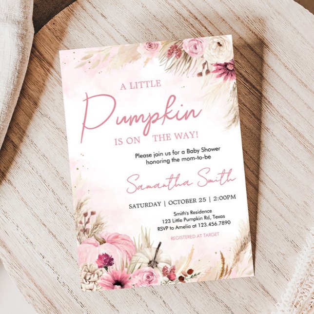 Pink Boho Fall Pumpkin Baby Dusche Einladung (Pink Boho Autumn Fall Pumpkin Pampas Grass Baby Shower Invitation)