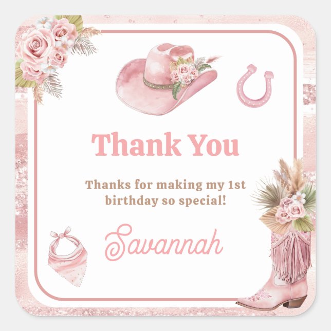 Pink Boho First Rodeo 1. Geburtstag Quadratischer Aufkleber (Vorderseite)