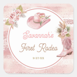 Pink Boho First Rodeo 1. Geburtstag Quadratischer Aufkleber