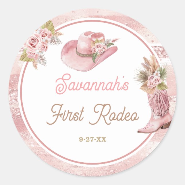 Pink Boho First Rodeo 1. Geburtstag Runder Aufkleber (Vorderseite)