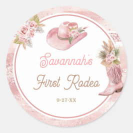 Pink Boho First Rodeo 1. Geburtstag Runder Aufkleber