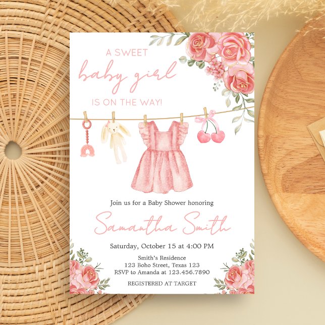 Pink Boho Floral Baby Dusche Einladung (Sweet Little Girl Boho Floral Clothesline Baby Shower Invitation )