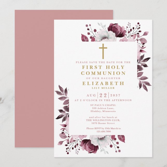 Pink Boho Floral Botanischer Erste Heilige Kommune Save The Date (Vorne/Hinten)
