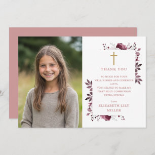 Pink Boho Floral Foto Erste Heilige Kommune Dankeskarte