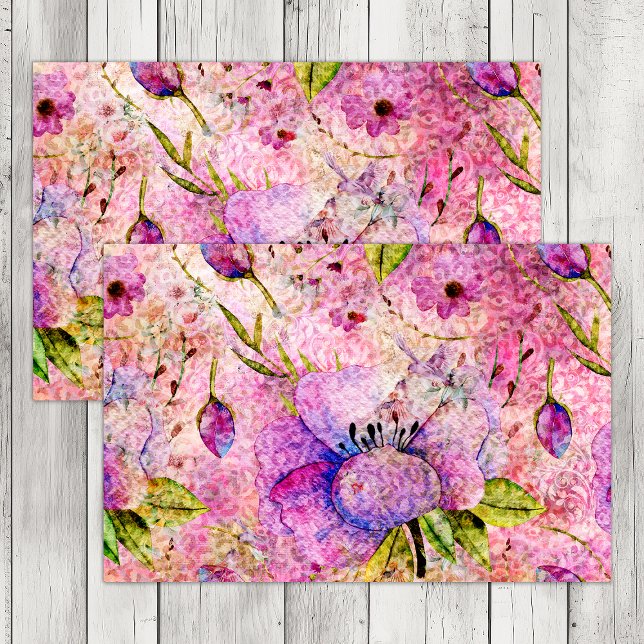 PINK BOHO FLORAL GRUNGE DECOUPAGE SEIDENPAPIER (PINK BOHO FLORAL GRUNGE DECOUPAGE TISSUE PAPER)