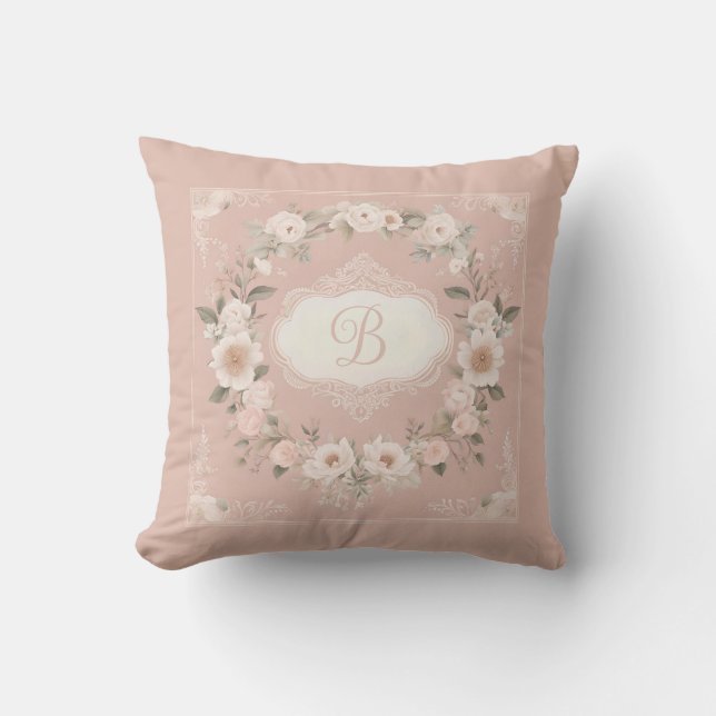 Pink Boho Floral Monogramm Kissen (Vorderseite)